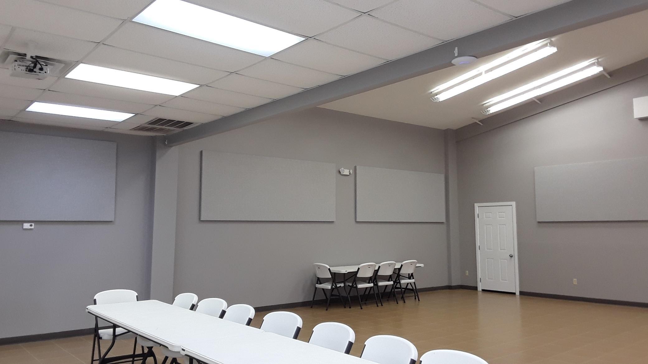 At Union Chapel, fabric wrapped panels treat the acoustics in the multipurpose room.