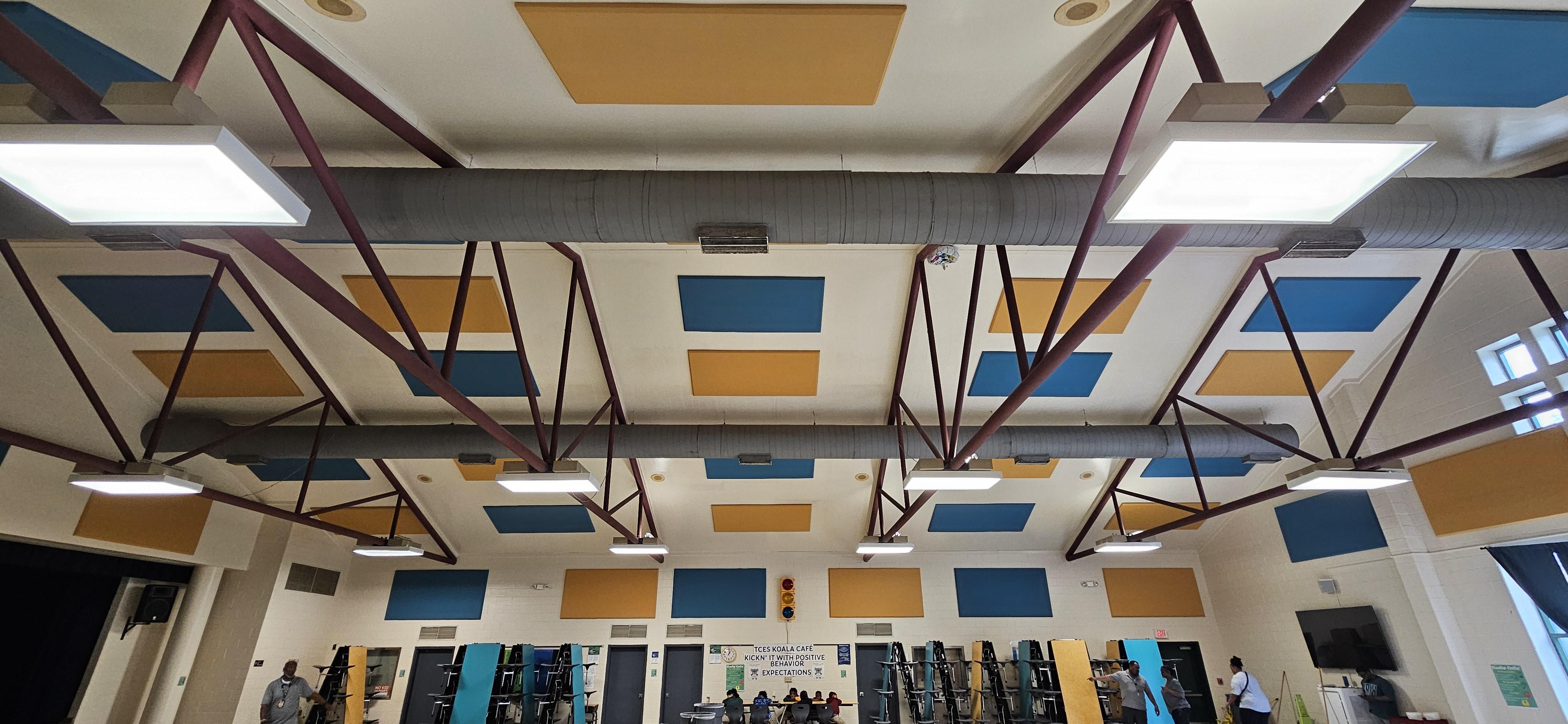 At Tanner Creek Elementary School, acoustic fabric wrapped panels improve speech intelligibility in the cafeteria and multipurpose room.
