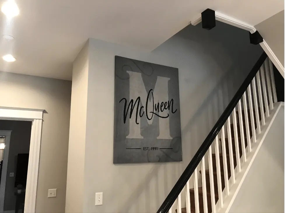 Acoustic panel wrapped in custom art placed on kitchen wall