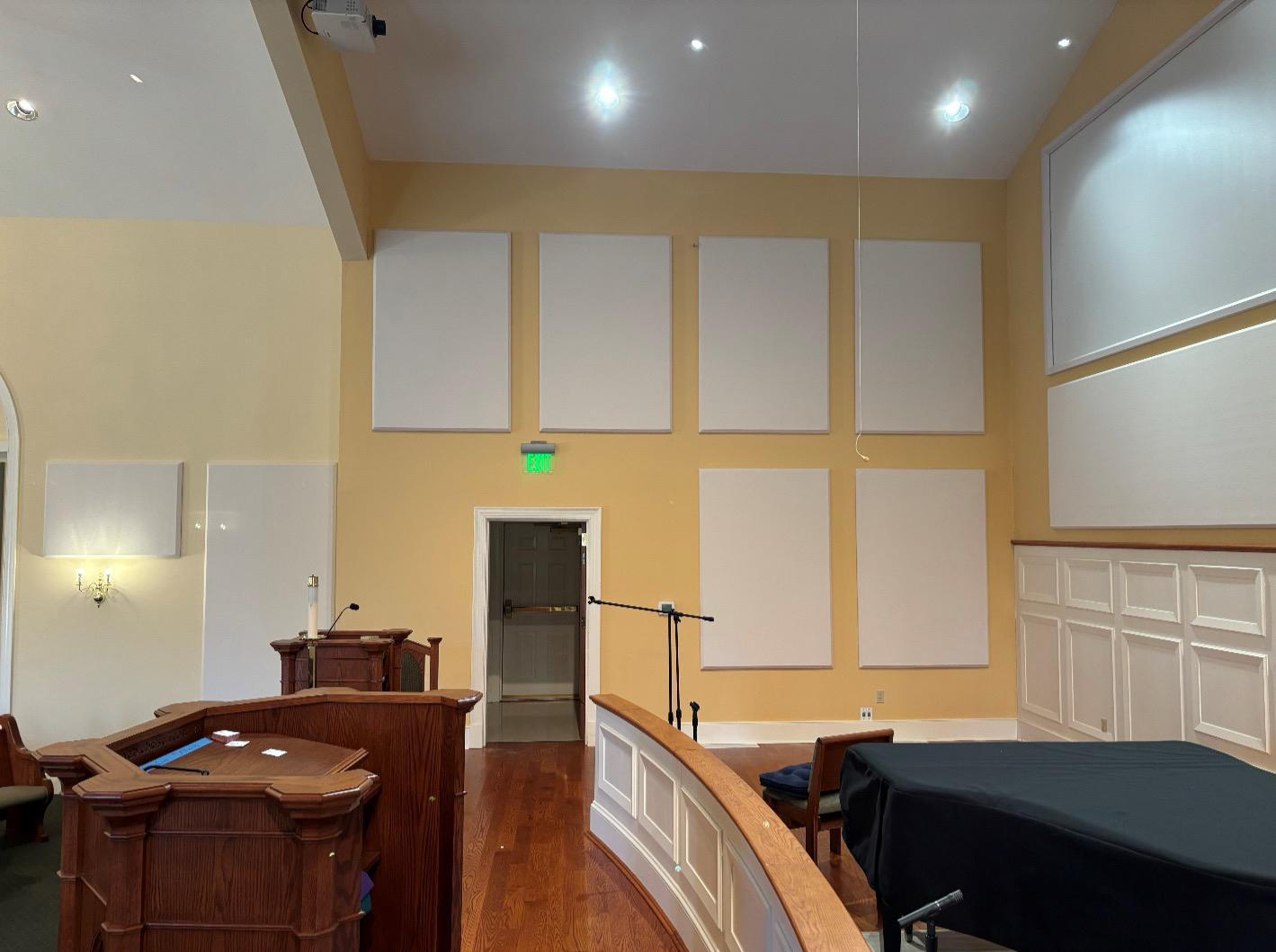 At the Mechanicsville Presbyterian Church, echo and reverberation are reduced by the installation of acoustic fabric wrapped panels.