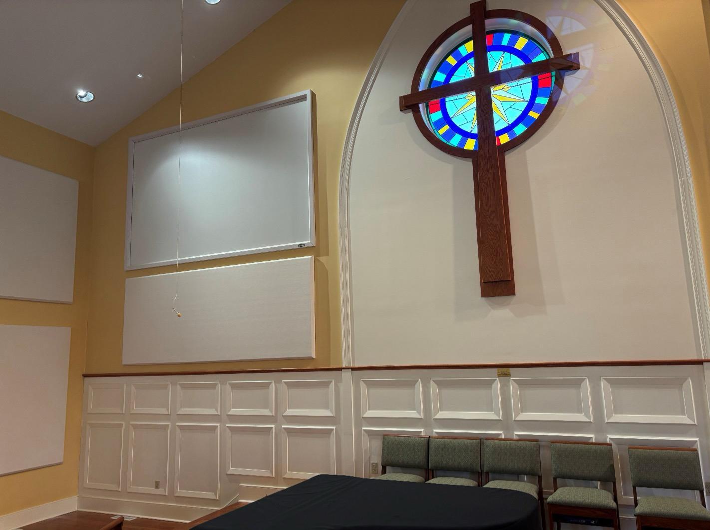 Acoustical Solutions' fabric wrapped panels treat an echo problem in a church sanctuary.