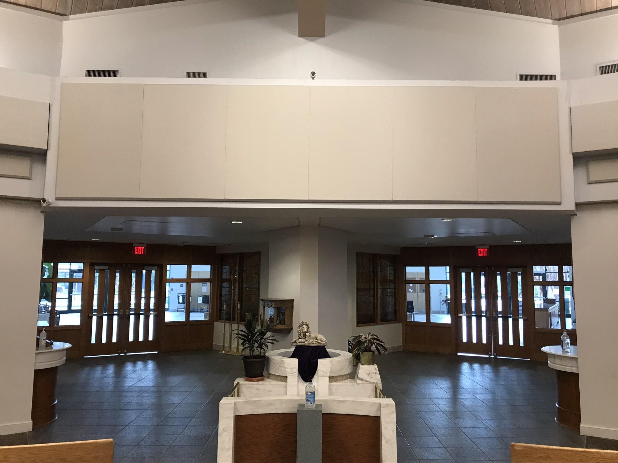 Closeup of sound absorbing panels in St. Edward's worship space.