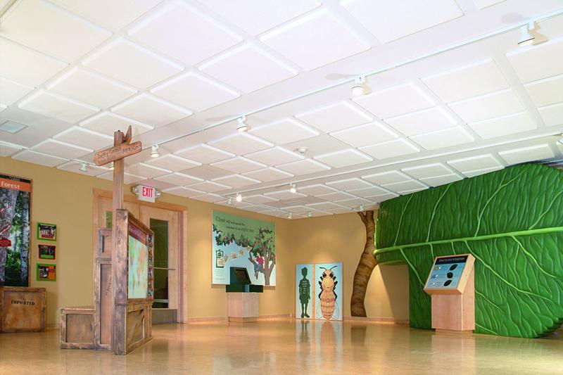 Acoustic ceiling tiles reduce echo in a children's learning exhibit area.