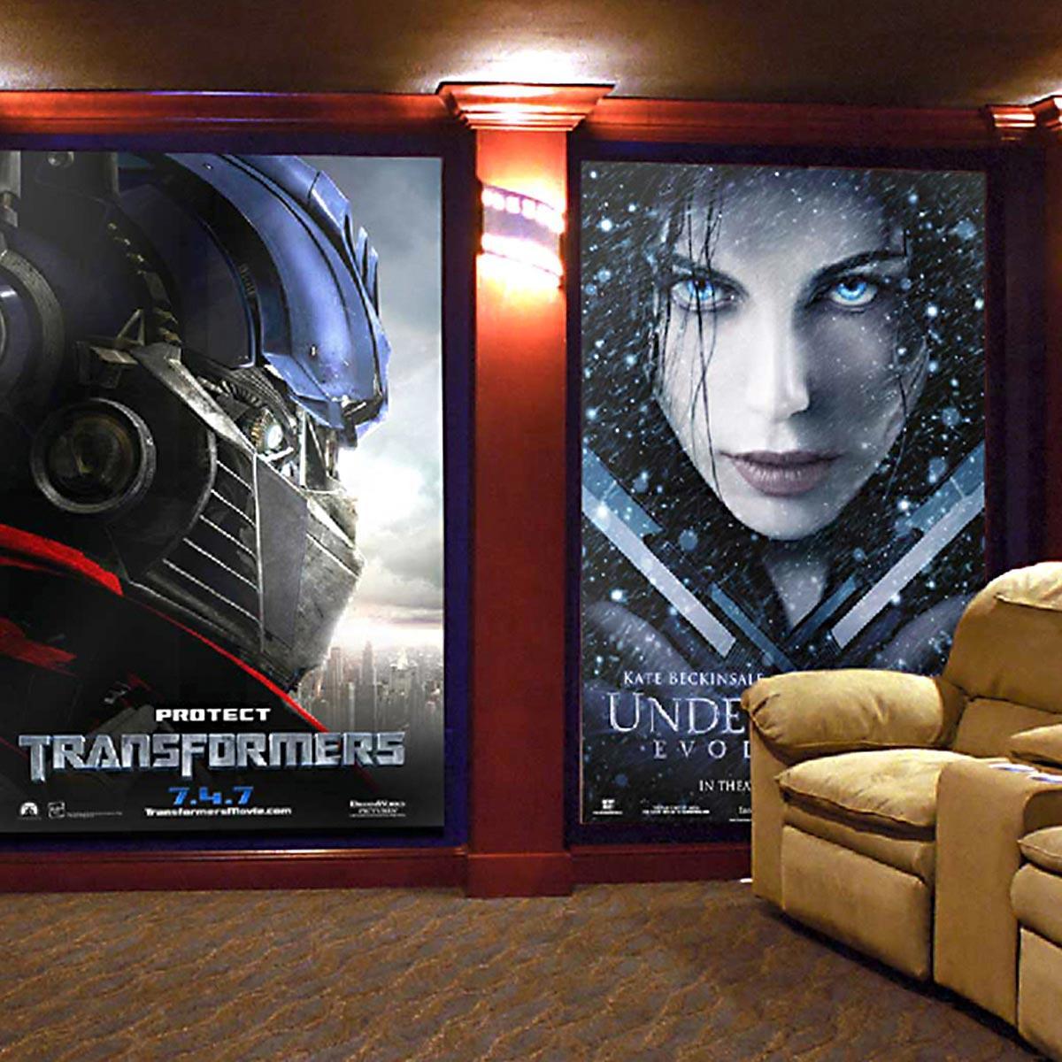 Movie posters, family photos or other graphics can be printed from high resolution photos to create any look for your home theater.