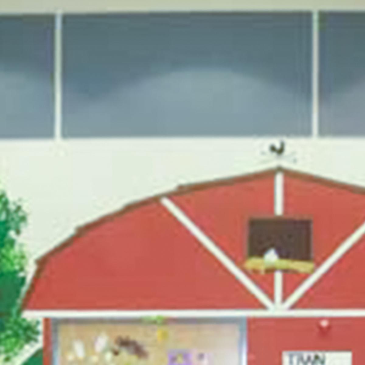 Fabric wrapped acoustic panels on the walls of a child development center reduce echo and reverberation.