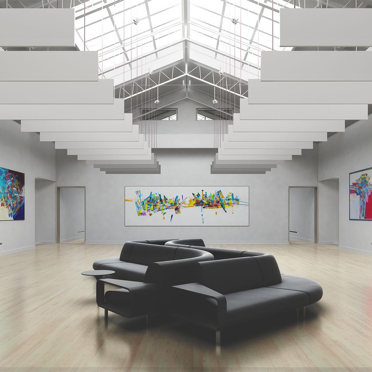 AlphaSorb Fabric Wrapped Sound Baffles hanging in an art gallery
