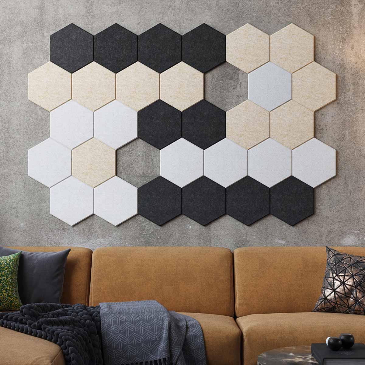 AlphaSorb® Series 200 Polyester Panels Design Kit 1 in Beige, Charcoal, and White Hexagons
