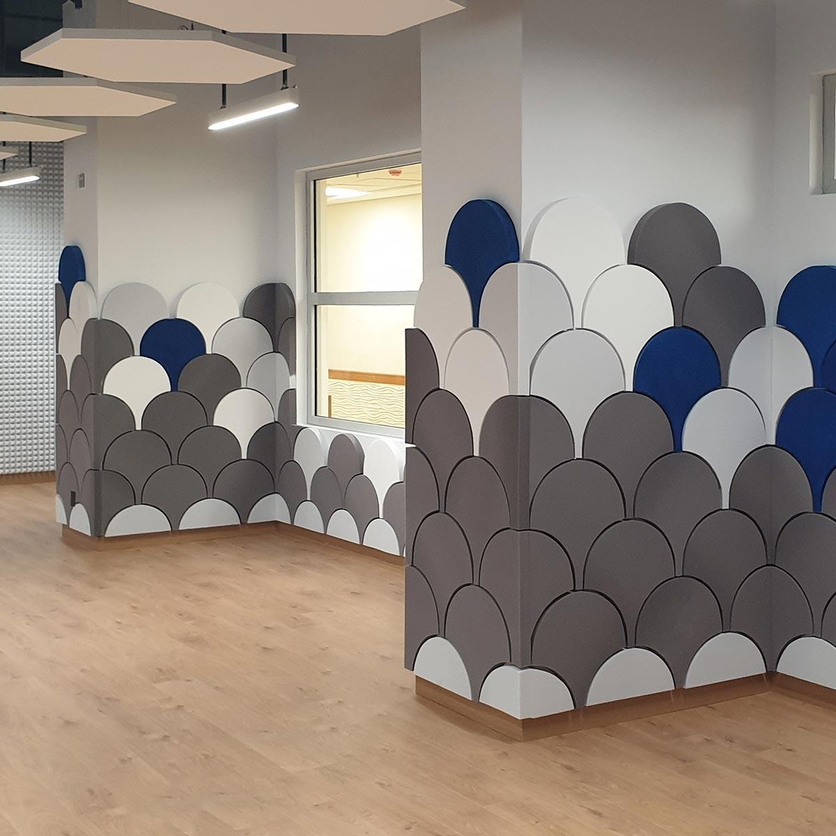 American International School of Jeddah - For this project, the contractor installed cut and painted Flat Acoustical Foam, in combination with our Pyramid Acoustic Foam, for a unique, designer finish.     