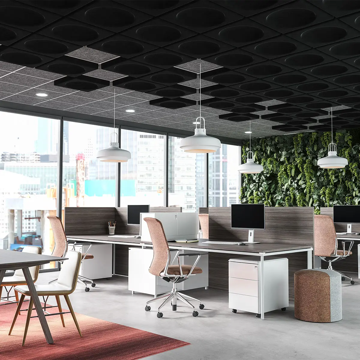 Recessed Round tiles in Raven Black and Tegular tiles in Smokey Grey installed in an open office