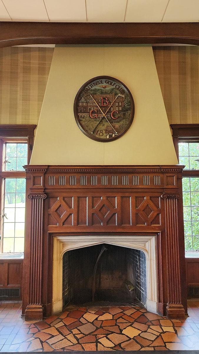 Baltusrol Golf Course Clubhouse Dining Room with our Acoustiwall product installed above the fireplace mantel.