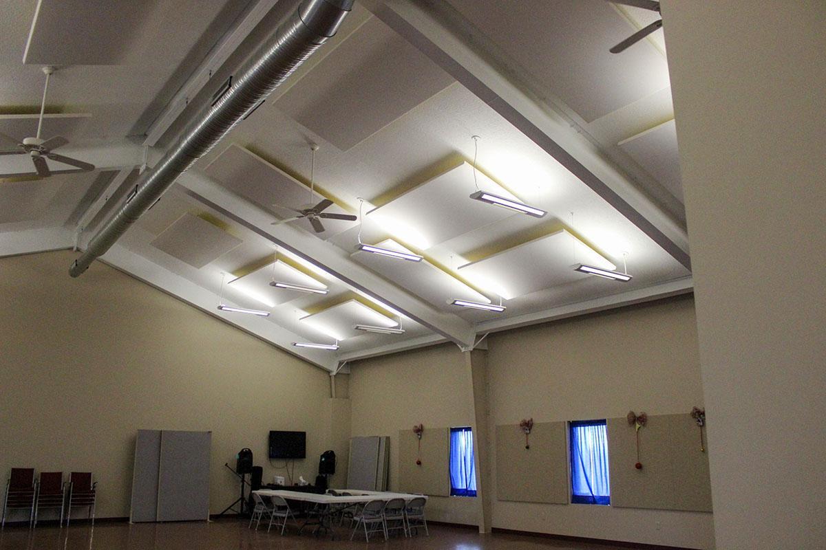 AlphaSorb Fabric Wrapped Panels in White FR701 dramatically reduced noise and reverberation in the Basehor United Methodist Church Meeting Hall