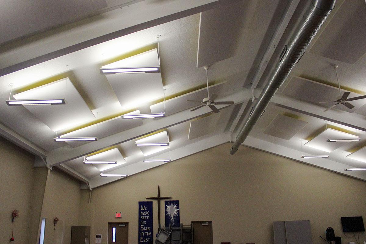 At Basehor United Methodist Church, fabric wrapped panels treat the acoustics in the multipurpose hall.