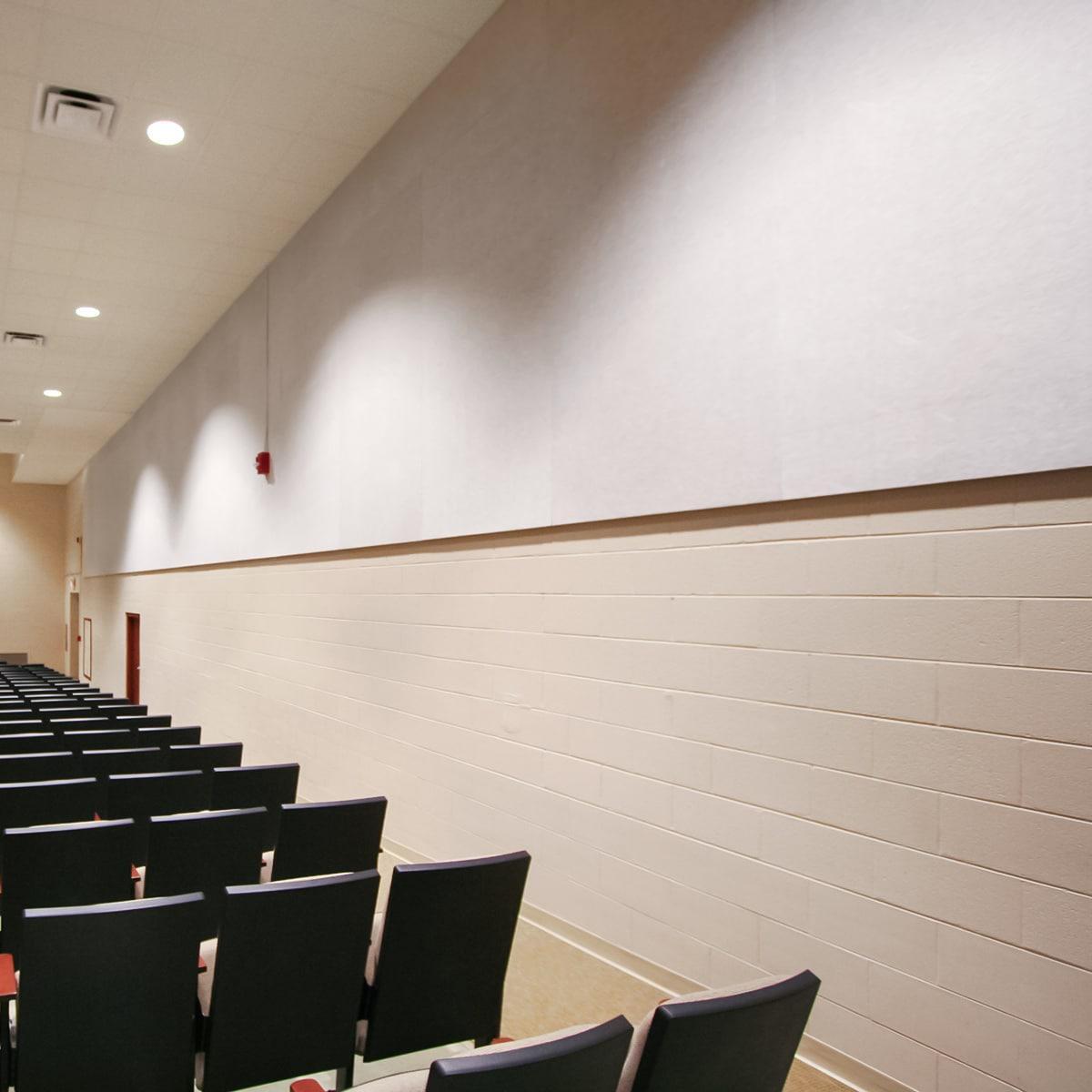 Bands of PolyPhon™ Polyester Acoustic Panels used around the room to reduce improve the room acoustics in the Benedictine Auditorium in Richmond, VA.