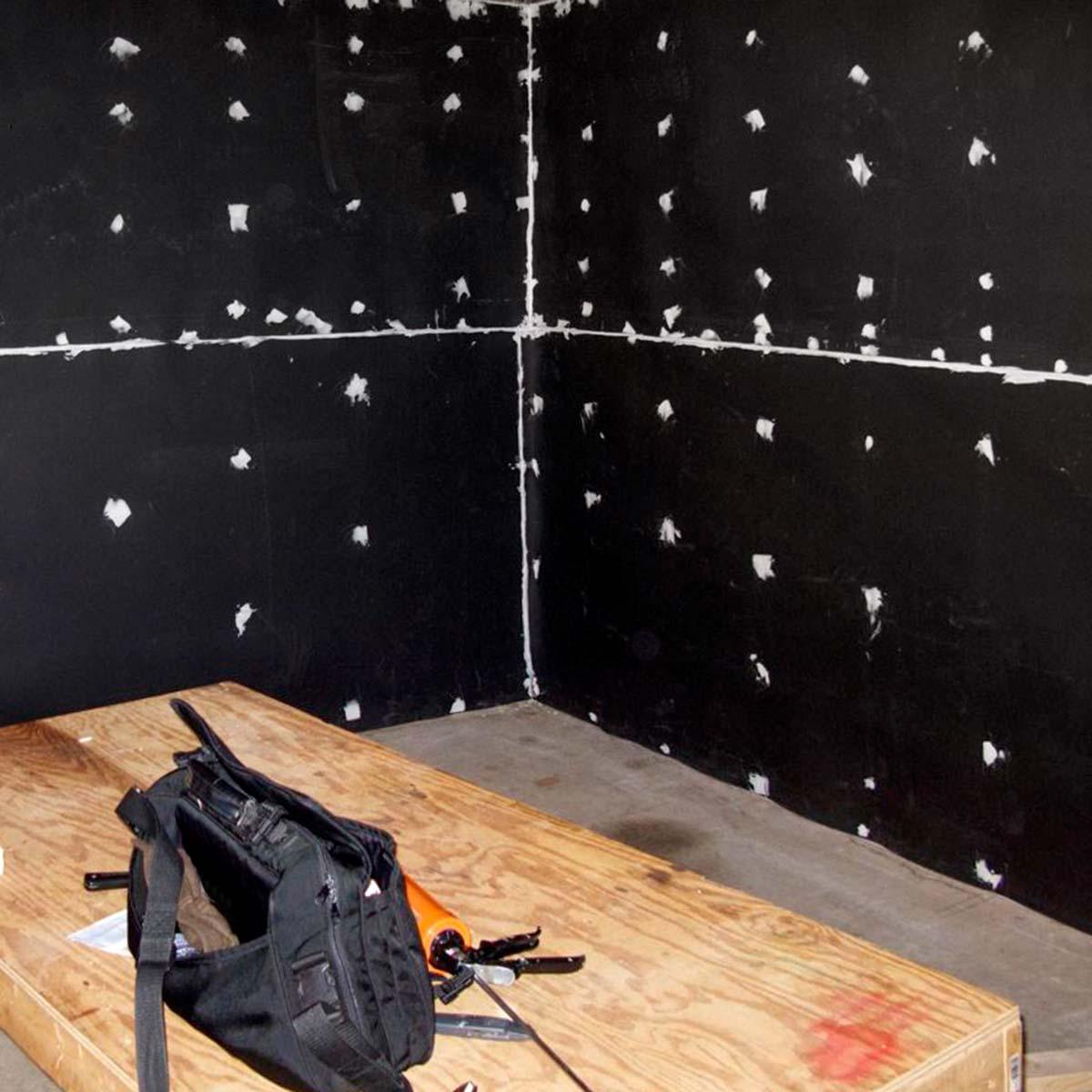 Soundproofing a Garage — Seams and nails caulked with sound sealant.