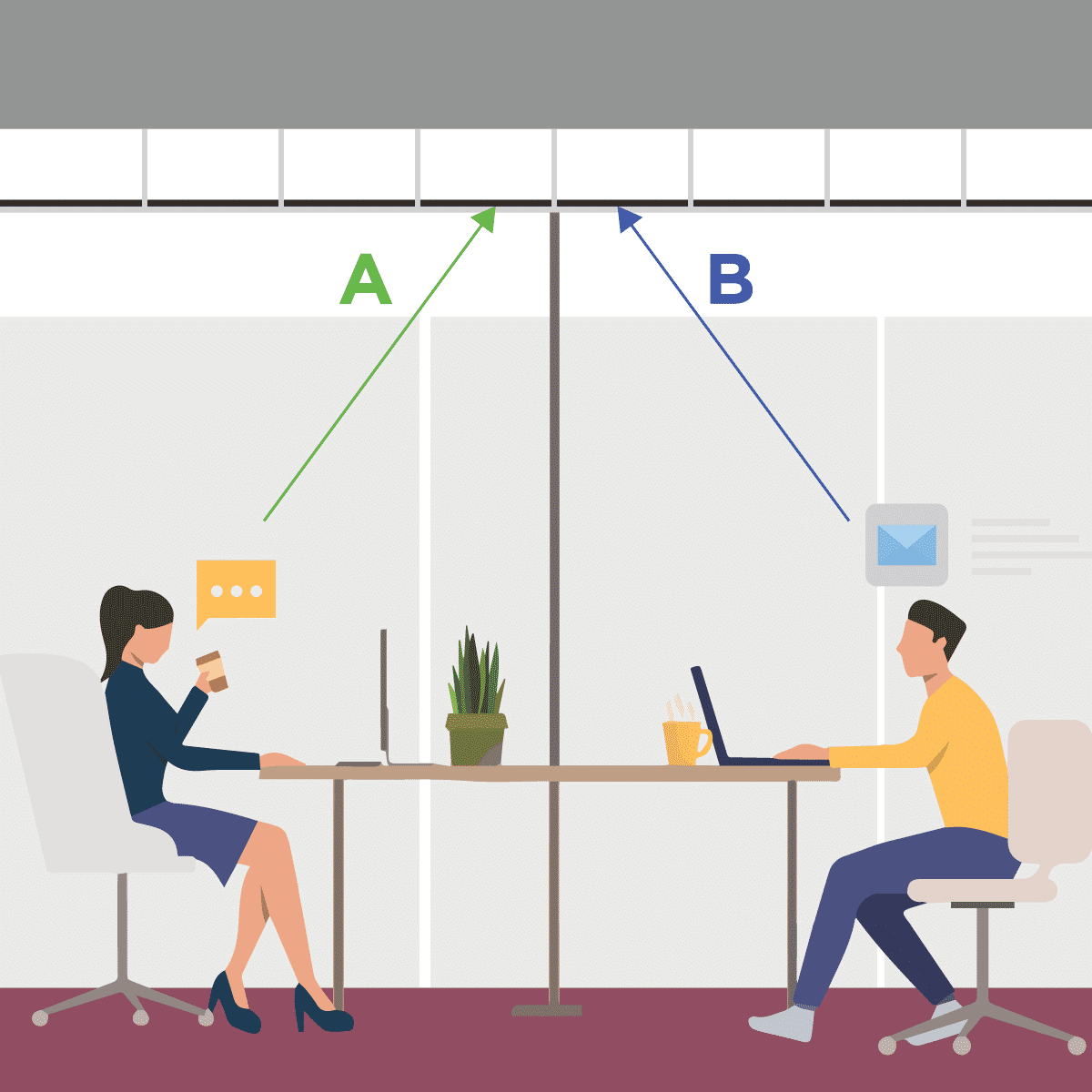 Diagram of a ceiling barrier installed above the tiles to block sound between rooms