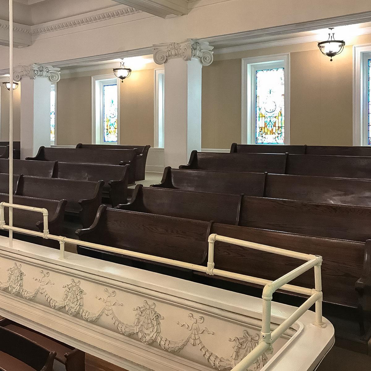 At Centenary United Methodist Church, fabric wrapped panels along the back wall reduce echo in the sanctuary.