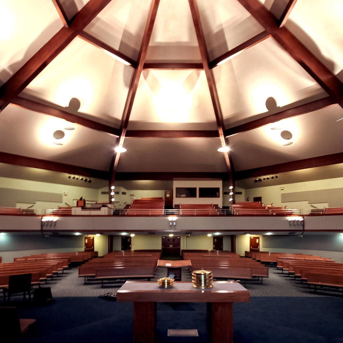 Church sanctuary using AlphaSorb® panels on balcony front and upper walls or balcony rear.