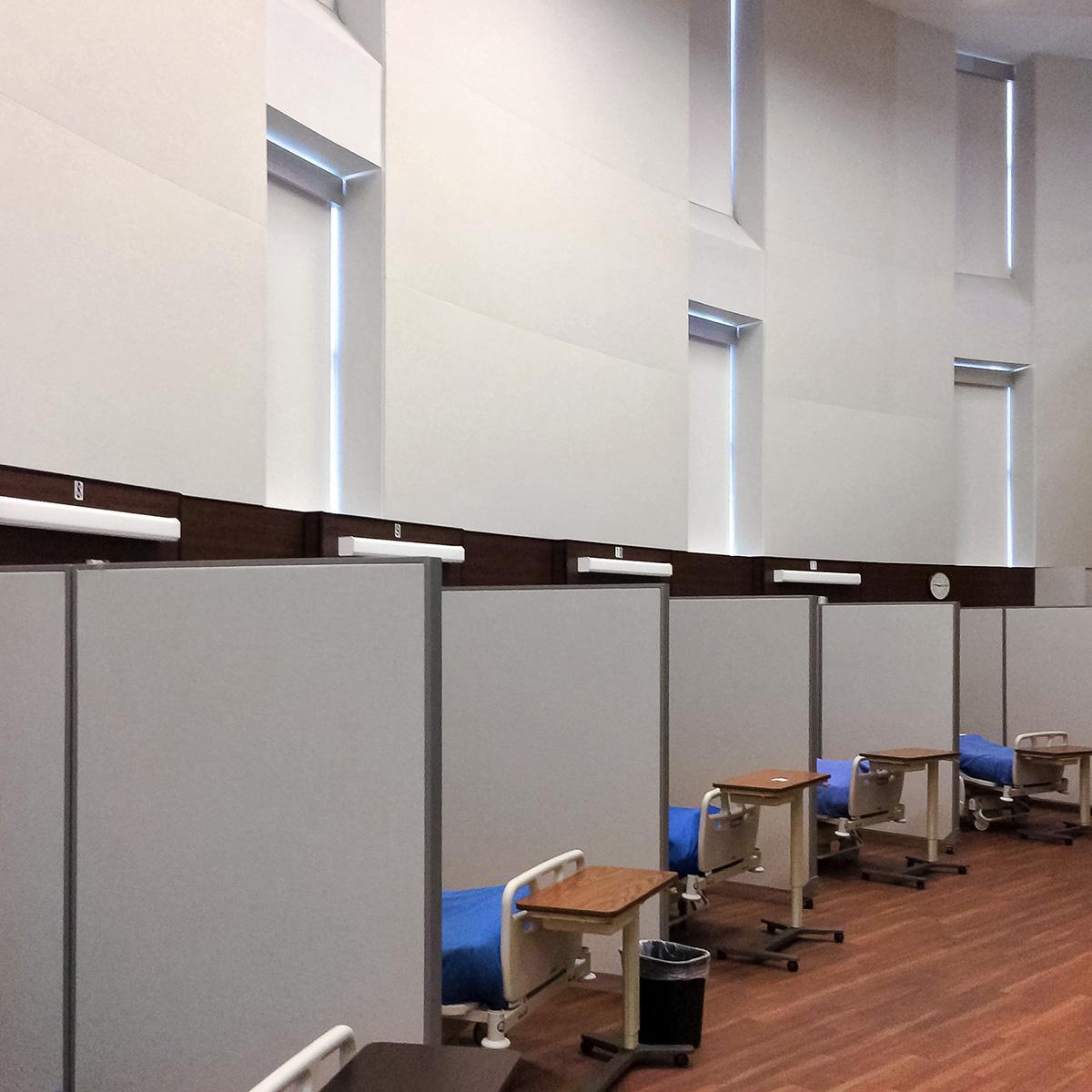 In the Collin College Healthcare SIM Lab, fabric panels and a stretch wall system address the acoustics in the space.