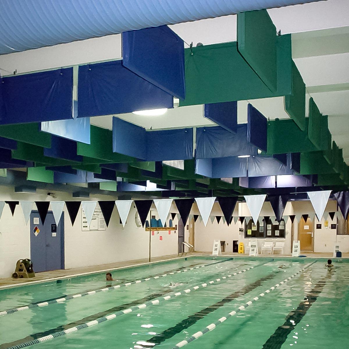 The AlphaEnviro® PVC Sound Baffle is an excellent choice to improve the sound quality for indoor pools like this one at Columbia.