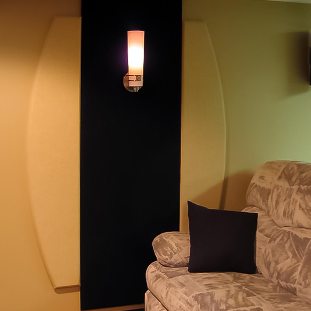 In David McLees' basement, fabric wrapped panels treat the acoustics in the space.