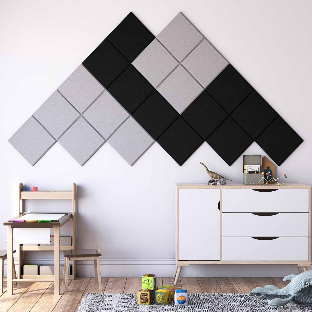 AlphaSorb® Series 200 Polyester Acoustic Panels arranged in a grey and black triangle formation in a playroom.