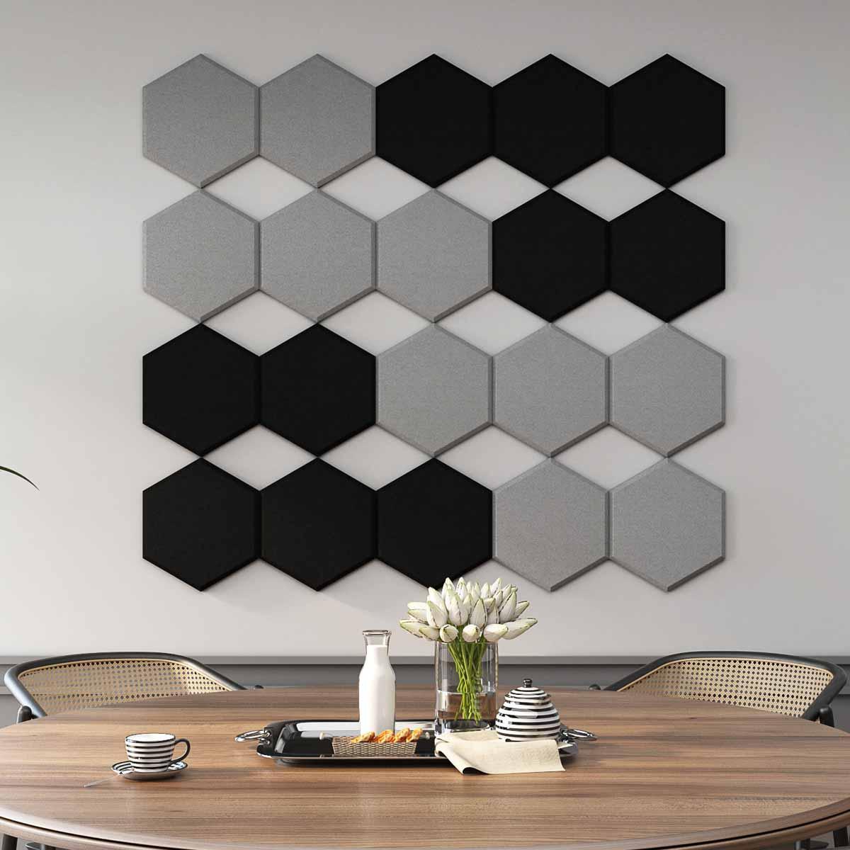 AlphaSorb® Series 200 Polyester Acoustic Panels grey and black hexagons installed in a dining room.