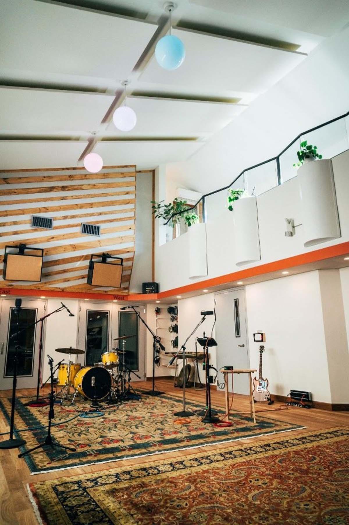A custom acoustic treatment in the main live room at Drop of Sun Studios.