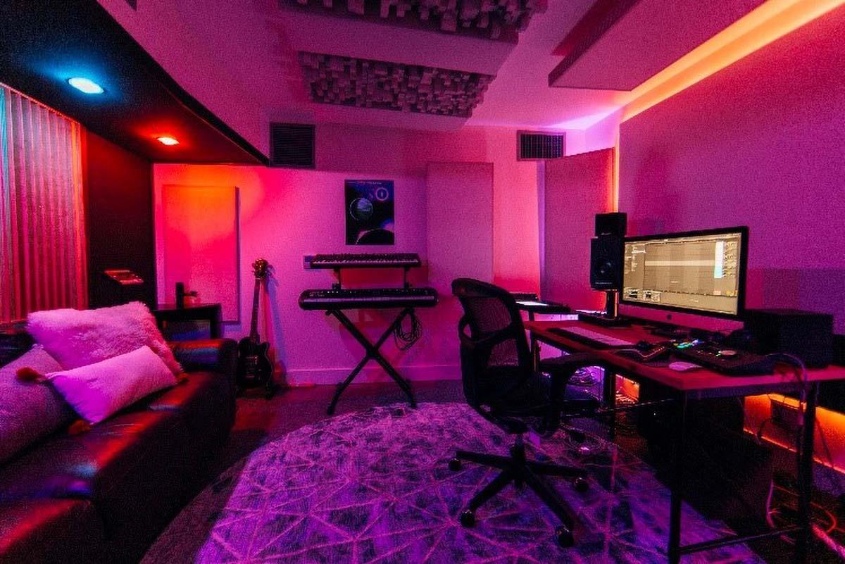 Acoustic panels line the walls in a mixing room at Drop of Sun Studios.