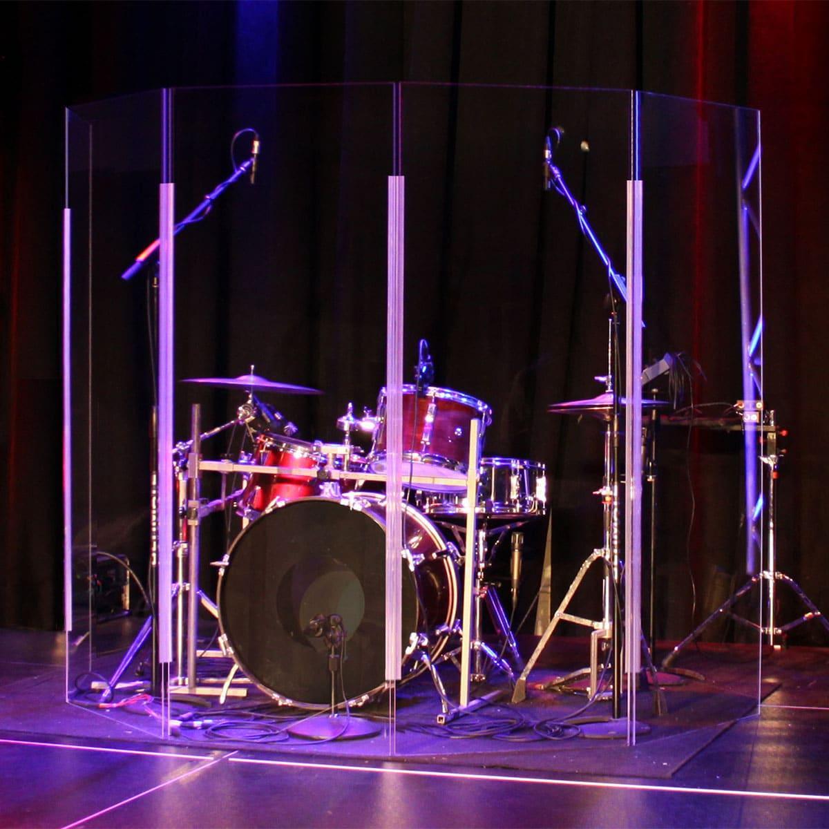 Clearsonic A2466x5 acrylic panels surround a drum kit (not included) on stage