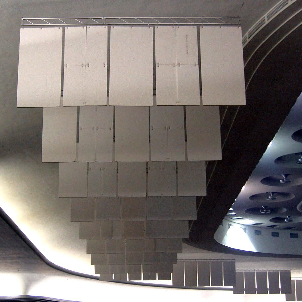 EcoSorpt® Recycled Cotton Sound Baffle Application suspended from the 2' edge