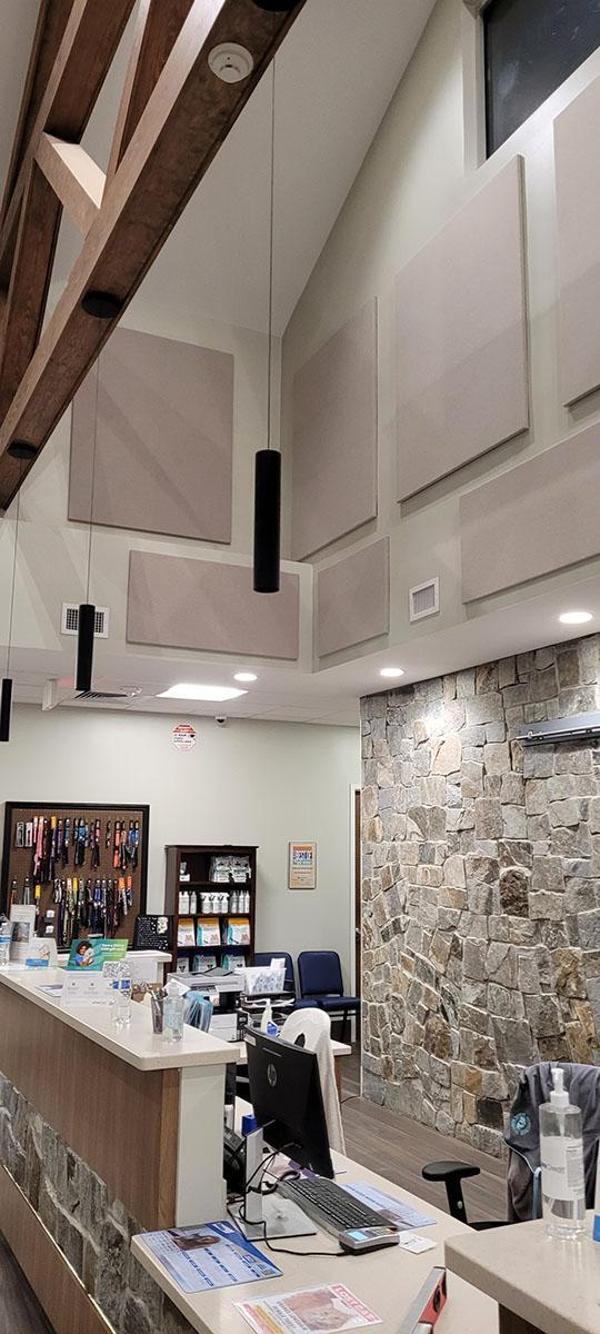AlphaSorb Fabric Wrapped Panels installed in the lobby of Edinburgh Animal Hospital