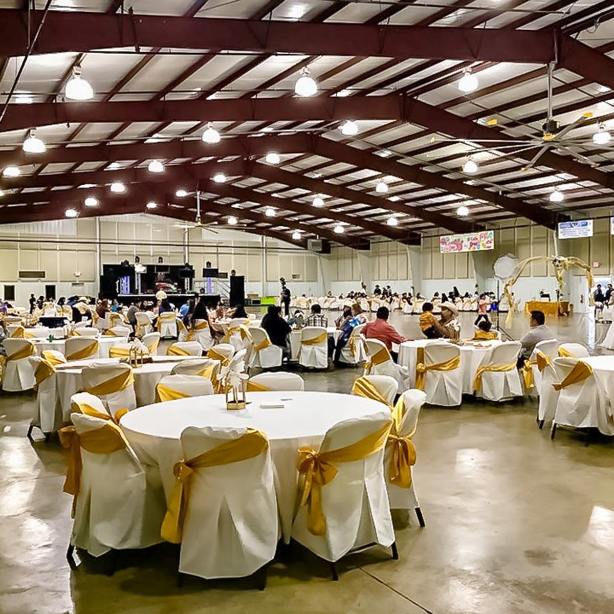 Banquet setup with acoustic panels installed on wall of Fannin County Community Event Space