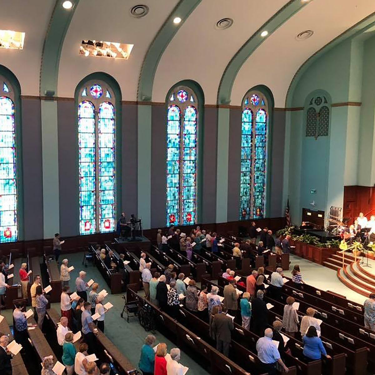 A custom acoustical treatment at the First Baptist Church of Pensacola reduces reverberation in the space.