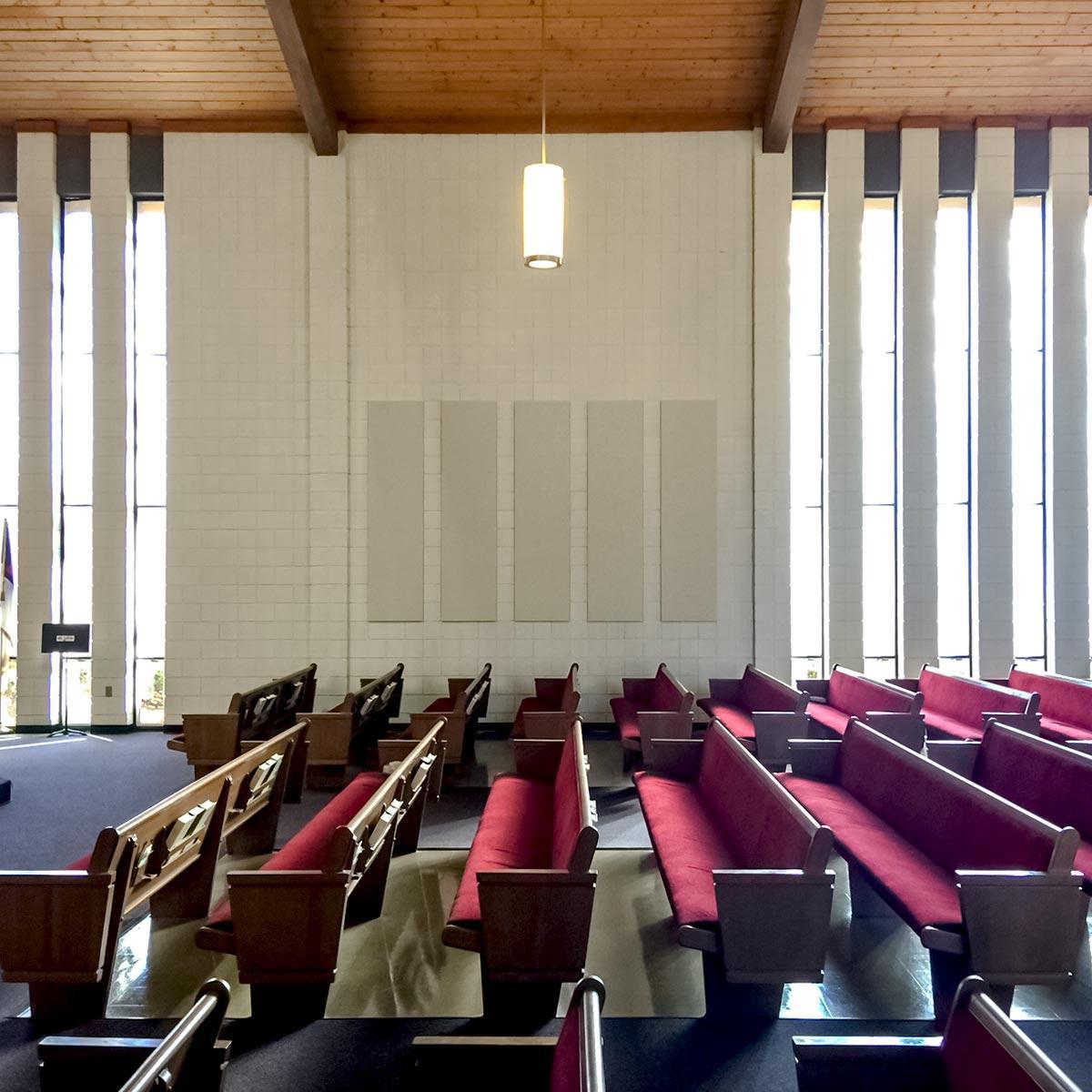 At the First Baptist Church of Ironton, fabric wrapped acoustic panels reduce echo and reverberation.