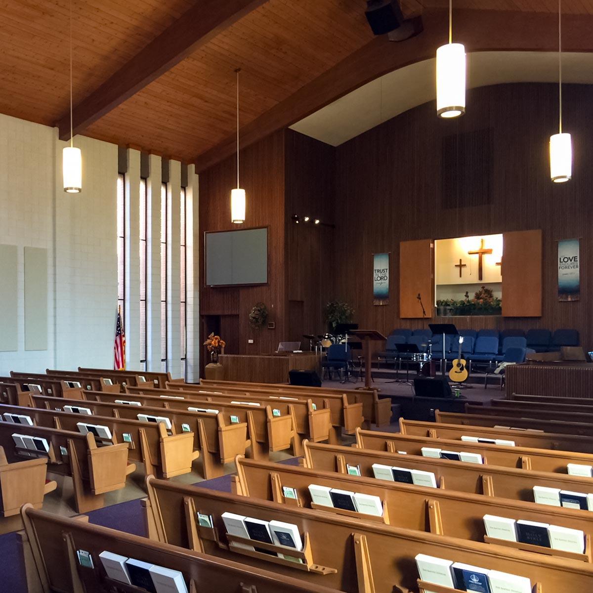 First Baptist Church of Ironton mounted AlphaSorb® Fabric Wrapped Acoustic Panels to reduce reflections in their sanctuary to improve the sound quality of the sermon and music.