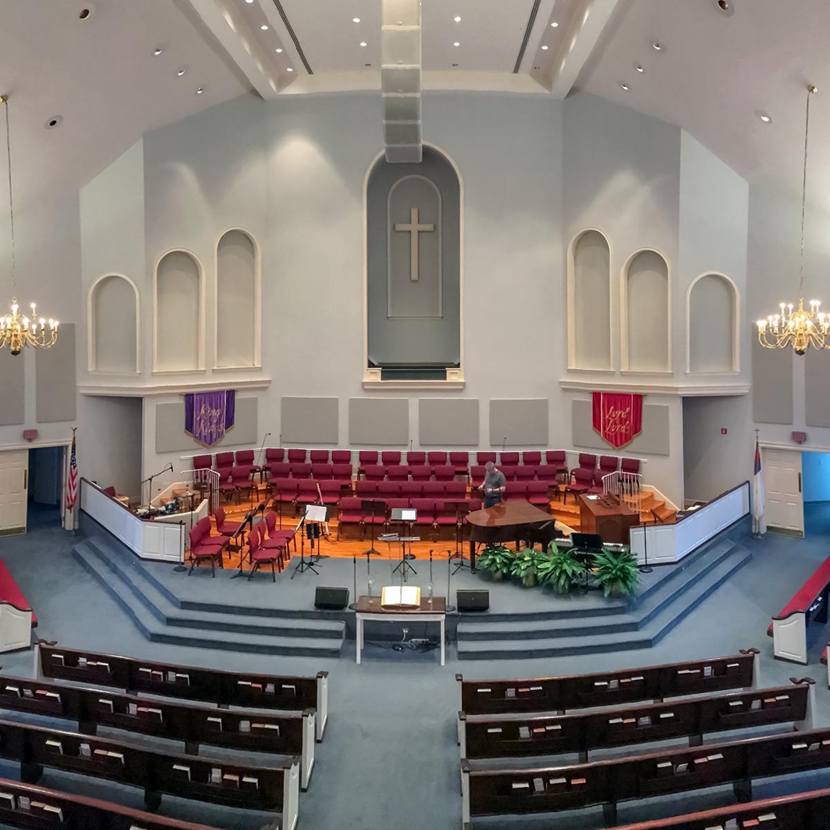 At First Baptist Church, acoustic fabric wrapped panels reduced echo in the sanctuary.