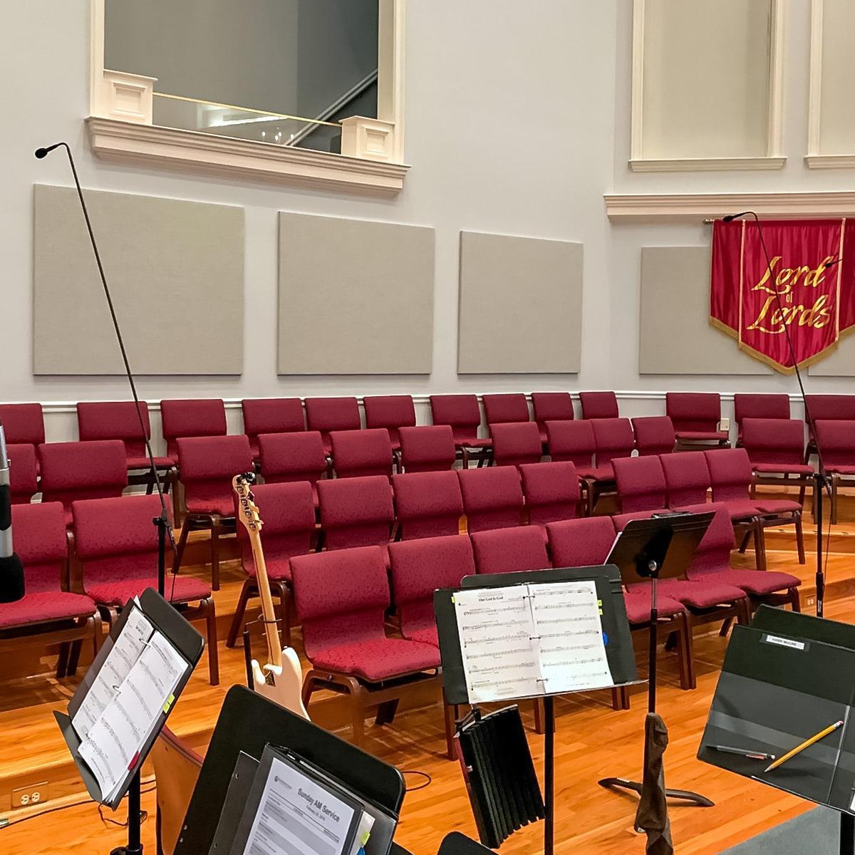The First Baptist Church Social Circle installed AlphaSorb® Acoustic Panels around the choir and mixing desk to control and complement the sound from their new sound system.