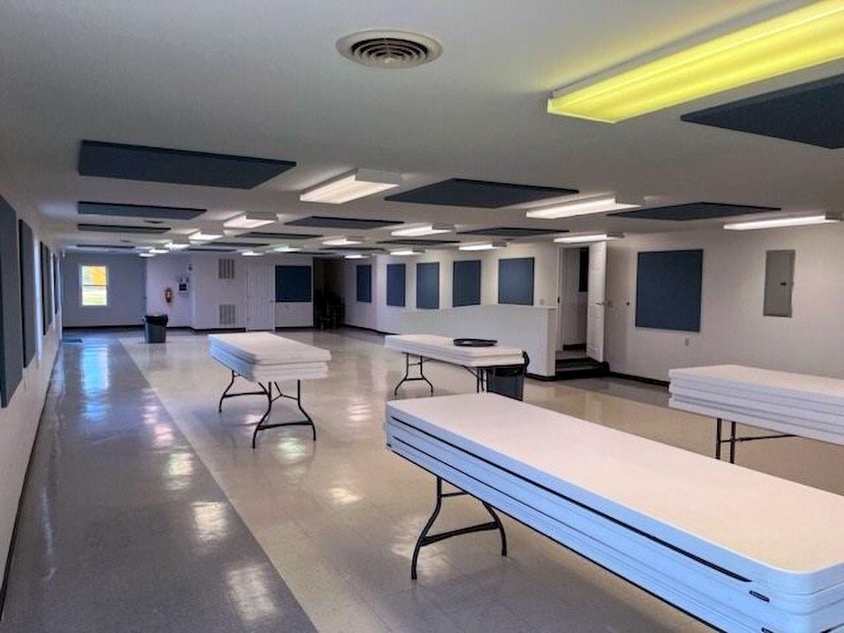 The Fellowship Hall at First Crossroads Baptist Church was treated with AlphaSorb Fabric Wrapped Panels to reduce noise.