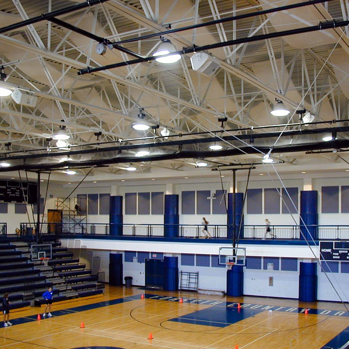 AlphaSorb® High Impact Acoustic Panels and AlphaFlex® PVC Ceiling Banners in the Forsythe County School Gymnasium improve the room acoustics.