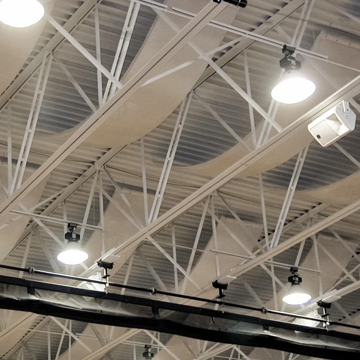 AlphaFlex® PVC Ceiling Banners installed in the Forsythe County School Gymnasium to improve the room acoustics.