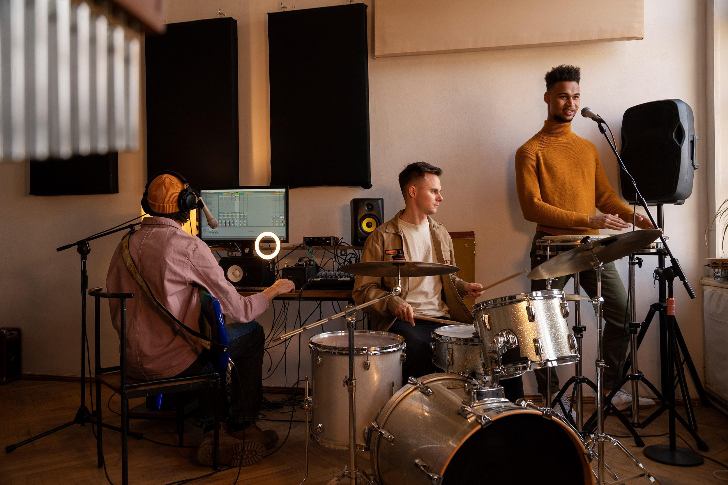 Musicians practicing in a home recording studio. Image by Freepik.