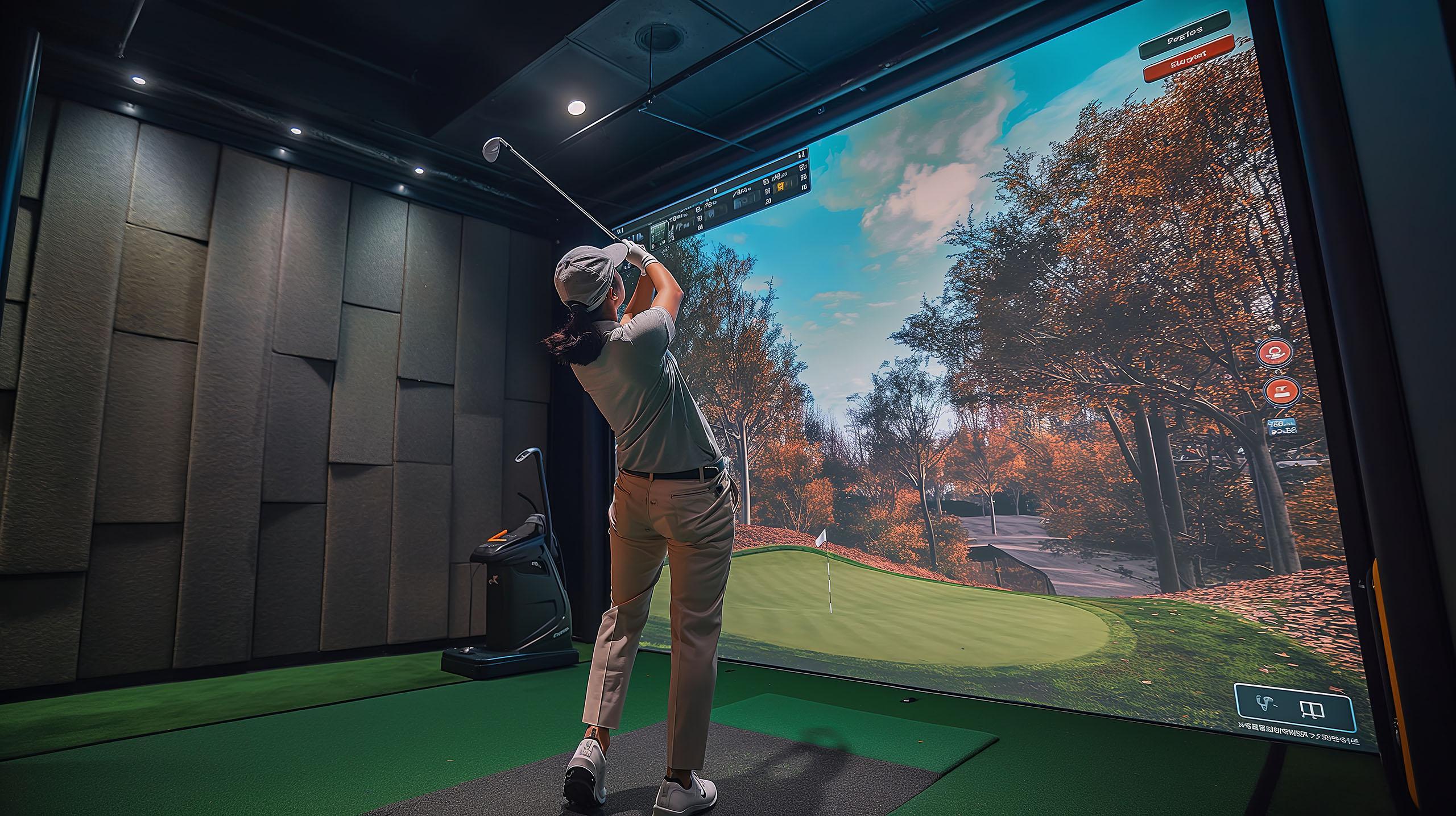 A golfer practices at an indoor golf simulator