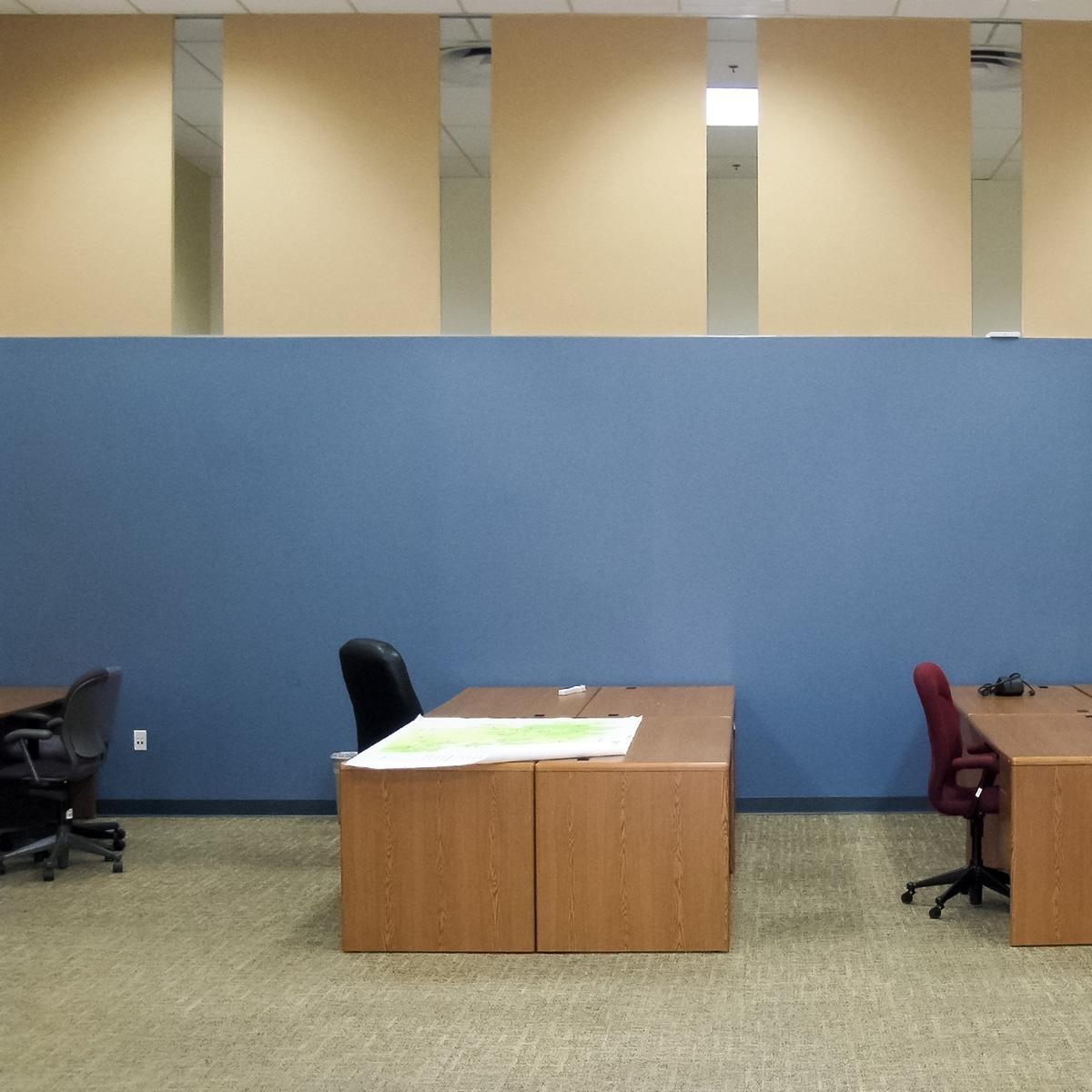 Goodwill Industries of Central Virginia installed acoustical panels on top of a partition wall to improve the acoustics in their offices.
