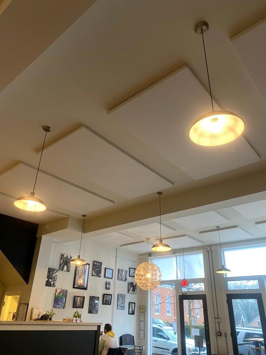 In a brewery's tasting room, acoustic ceiling clouds combat loud noise.