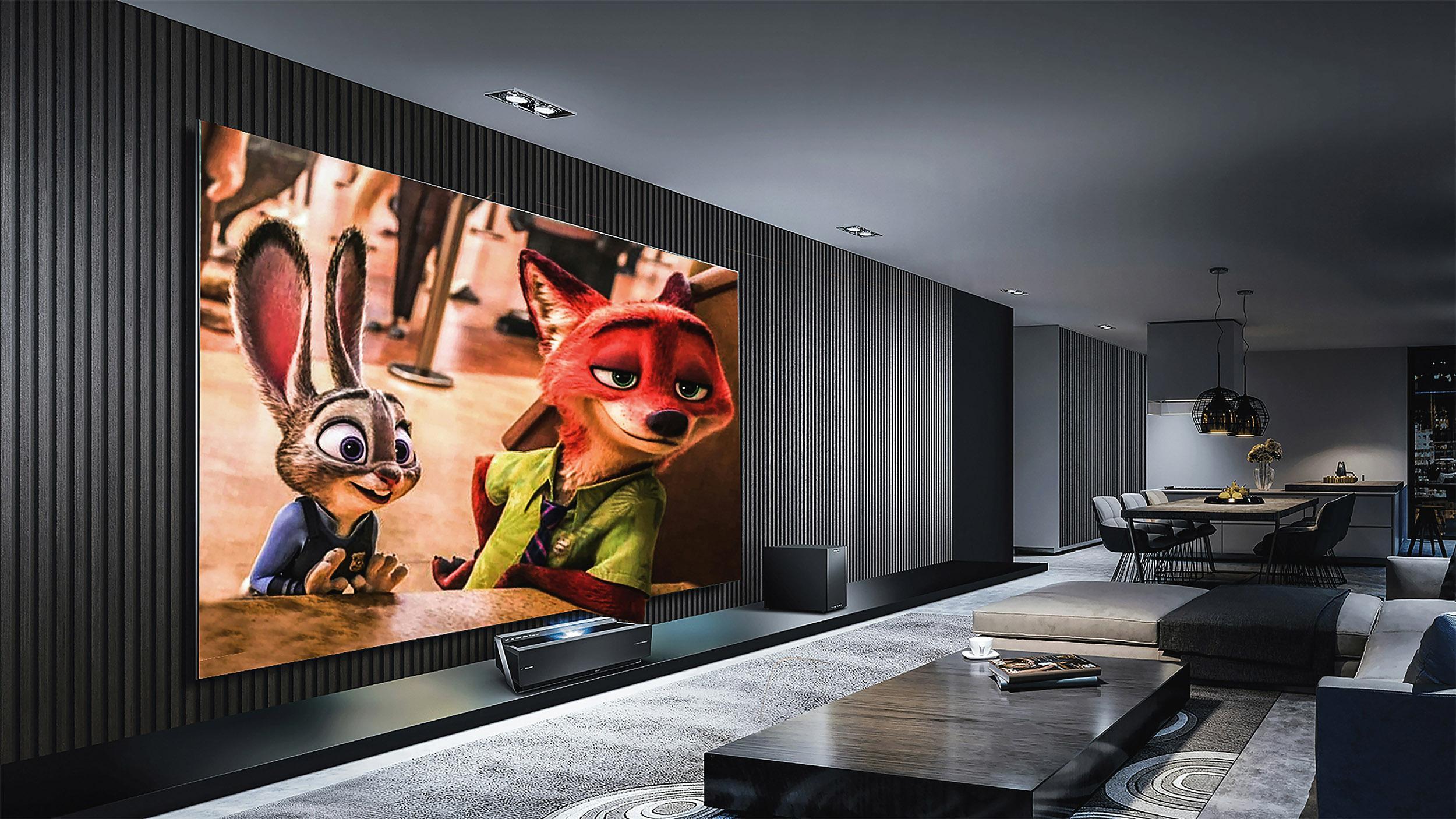 3D render of a hotel lobby with wood slat panels and a still from Zootopia on a large laser projection TV screen. Render by Chauhan Moniz on Unsplash.
