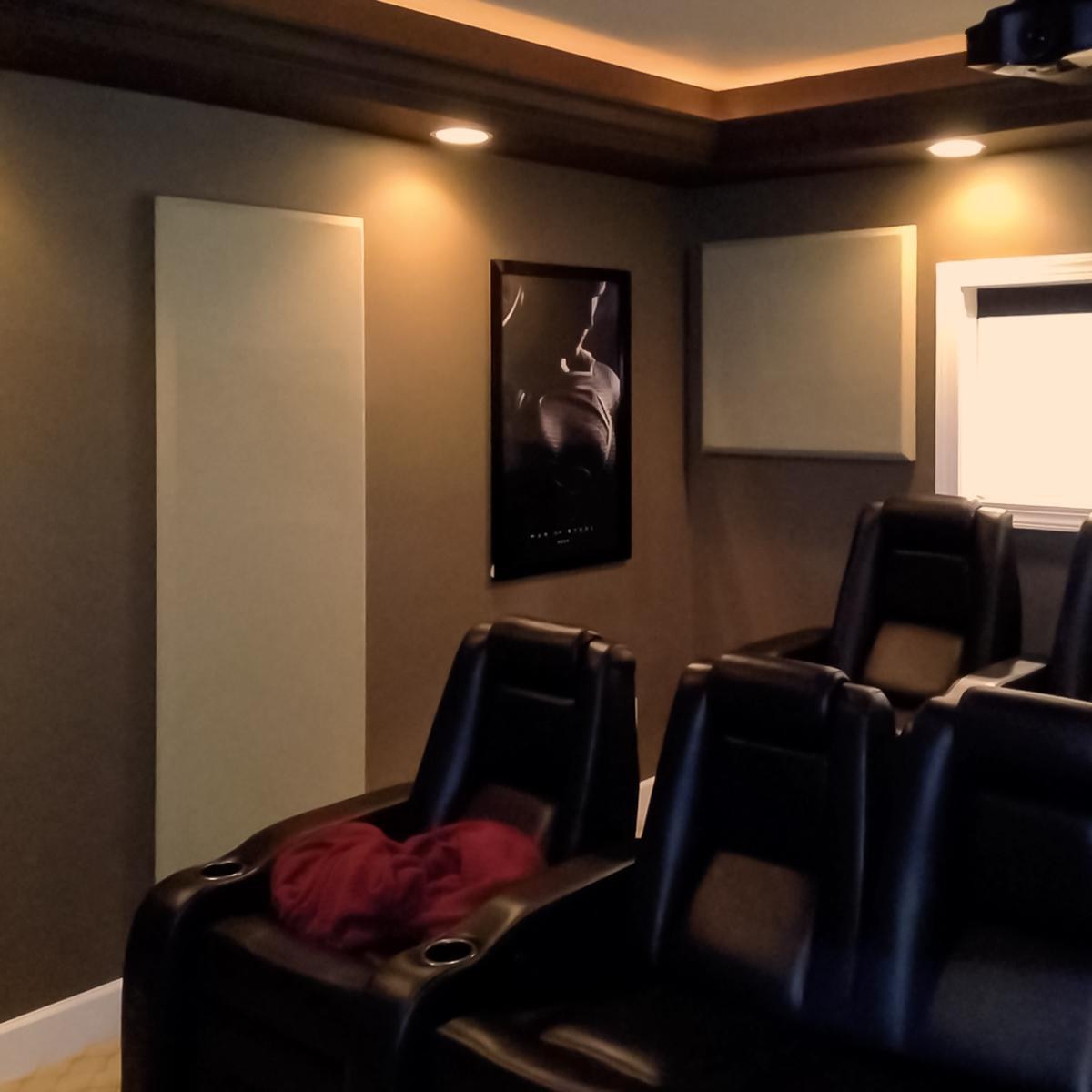 Acoustic fabric wrapped panels lower the reverb in Jeff's home theater.