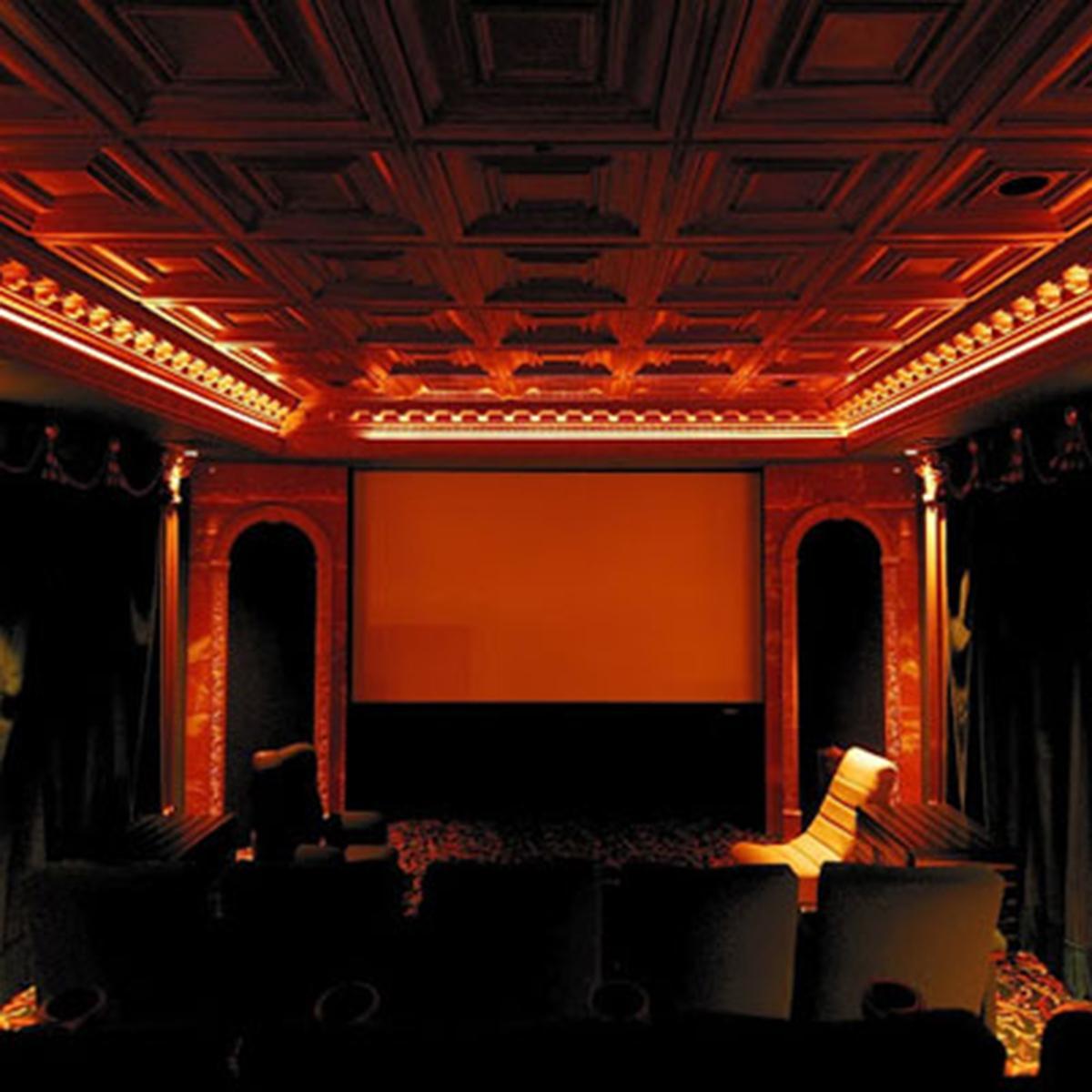 View from back of Ken Flick's luxury home theater with acoustic treatments