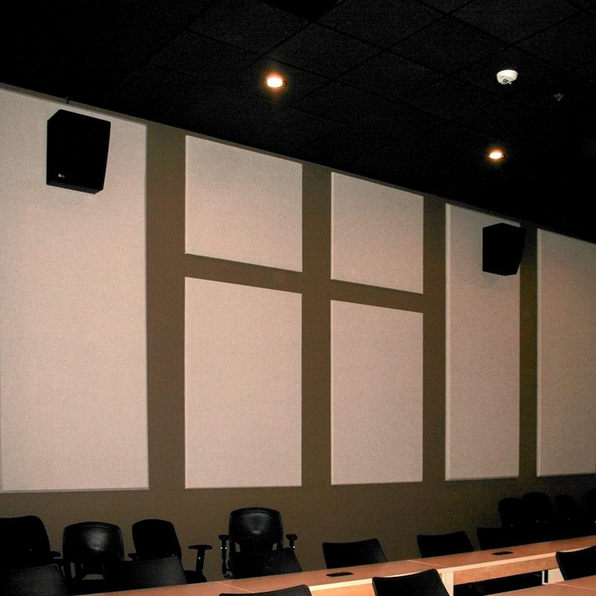 In a screening room at Liberty University, fabric wrapped panels on the walls improve speech intelligibility.