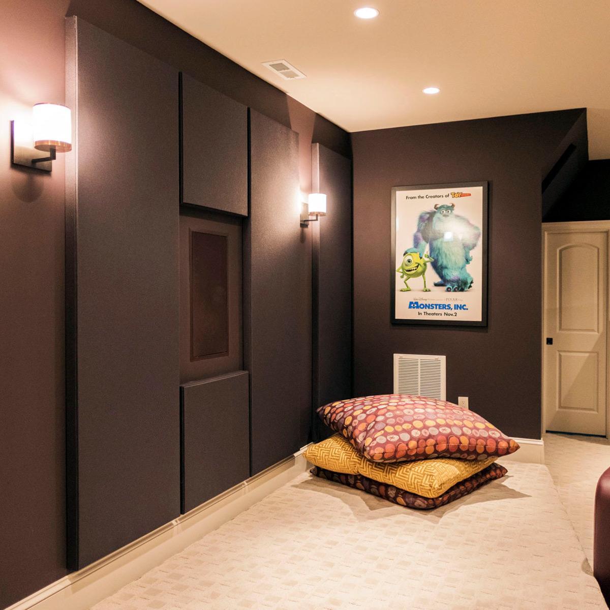 A combination of sound absorption and diffusion hidden behind our fabric track system.