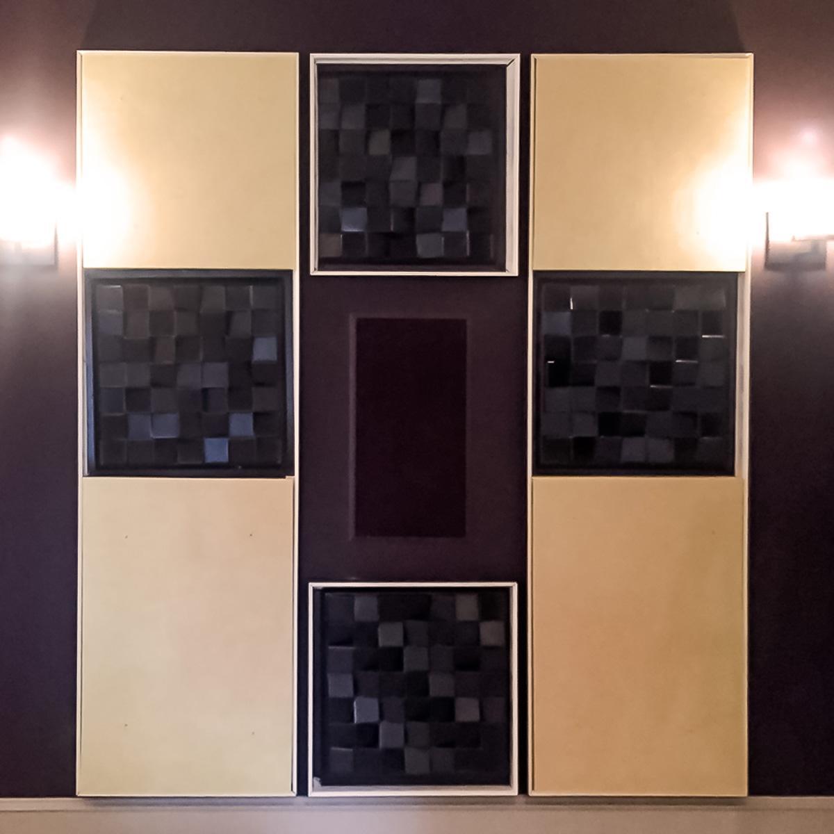 Seen here are the the acoustic components of the sound diffusers and absorption as specified by the speaker manufacturer before they were hidden with the fabric finish. 